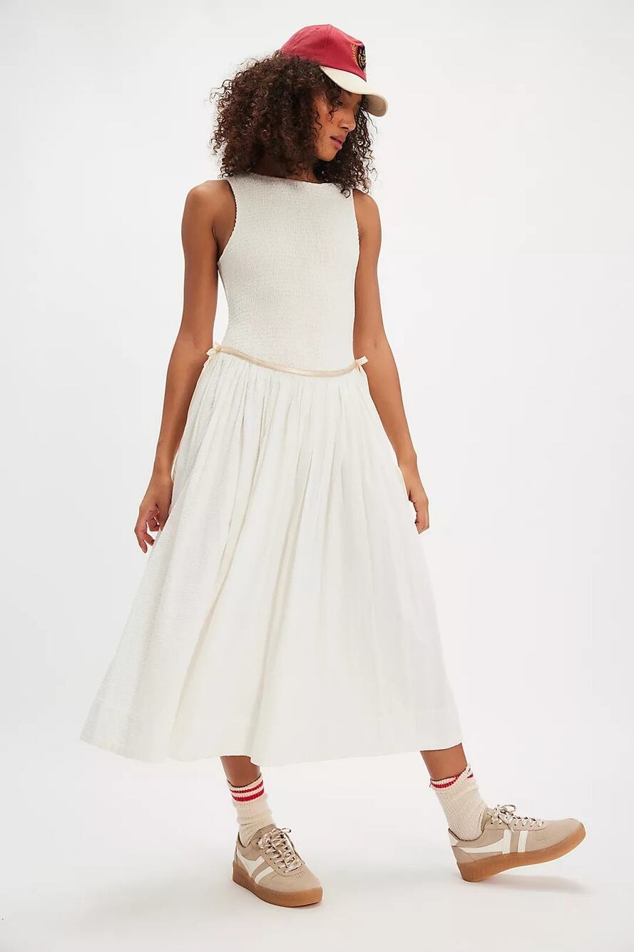 New FREE PEOPLE Nightingale Seersucker Midi Dress $168 MEDIUM Ivory SMOCKED